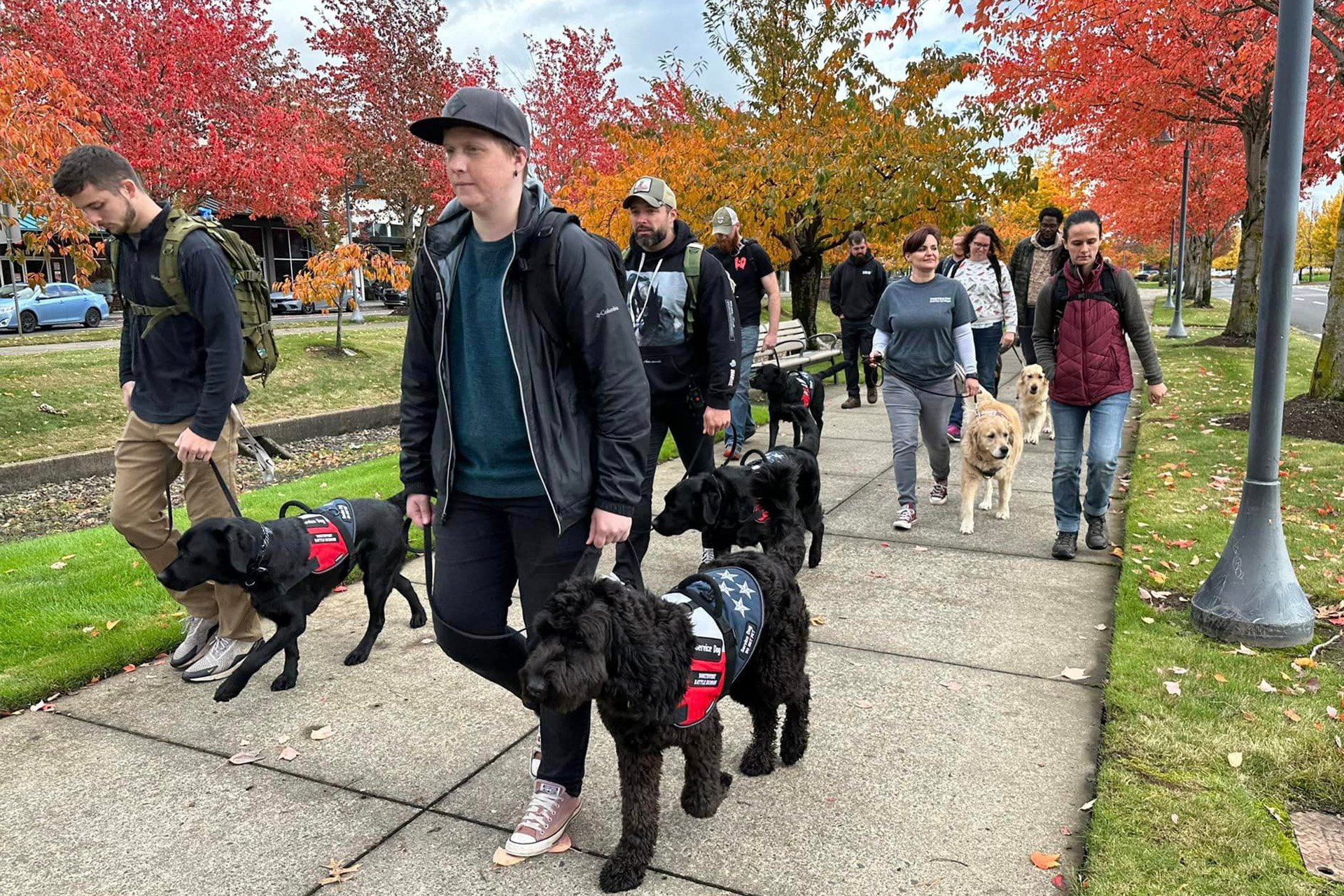 Veterans walking with their PTSD service dogs