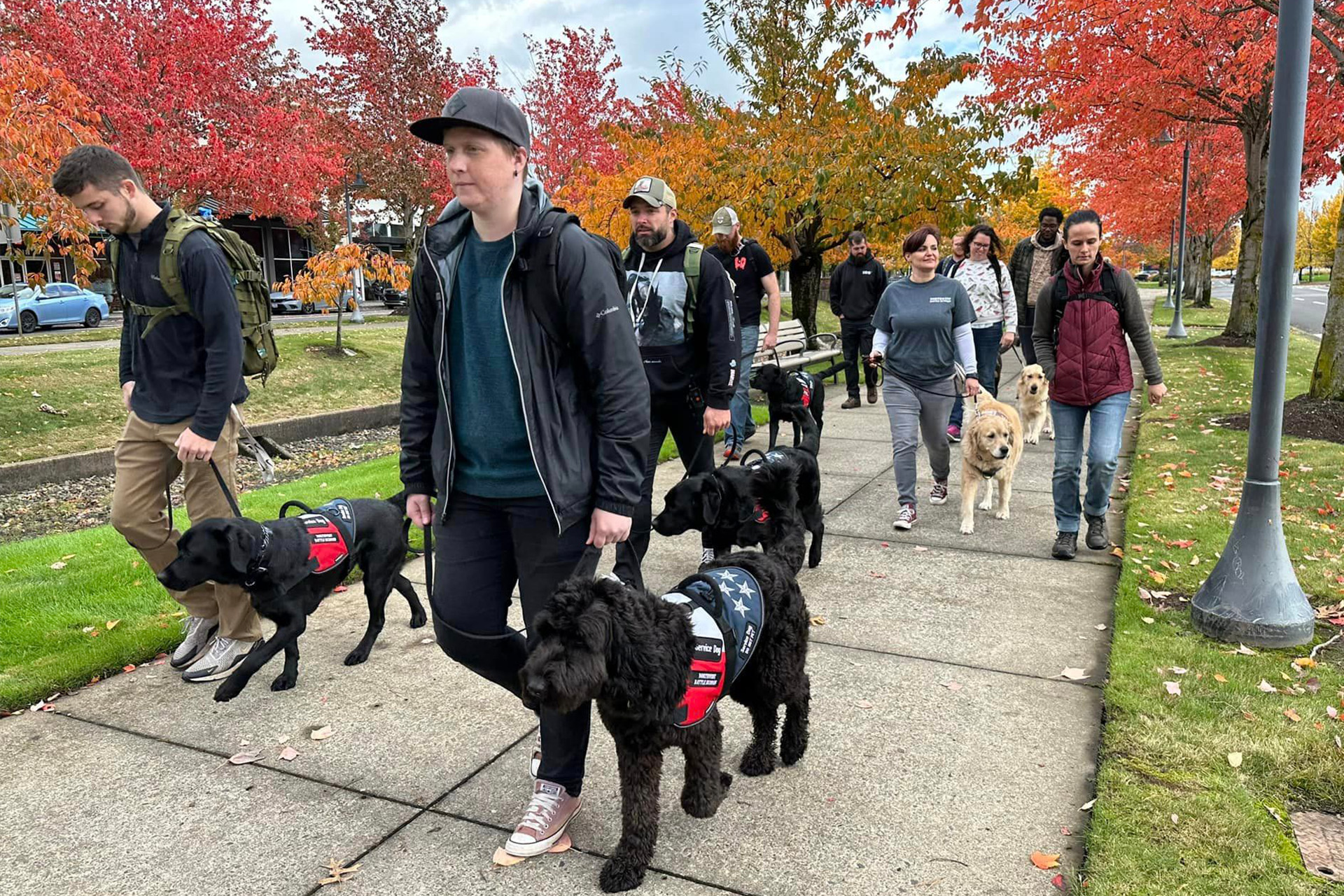 Veterans walking with their PTSD service dogs