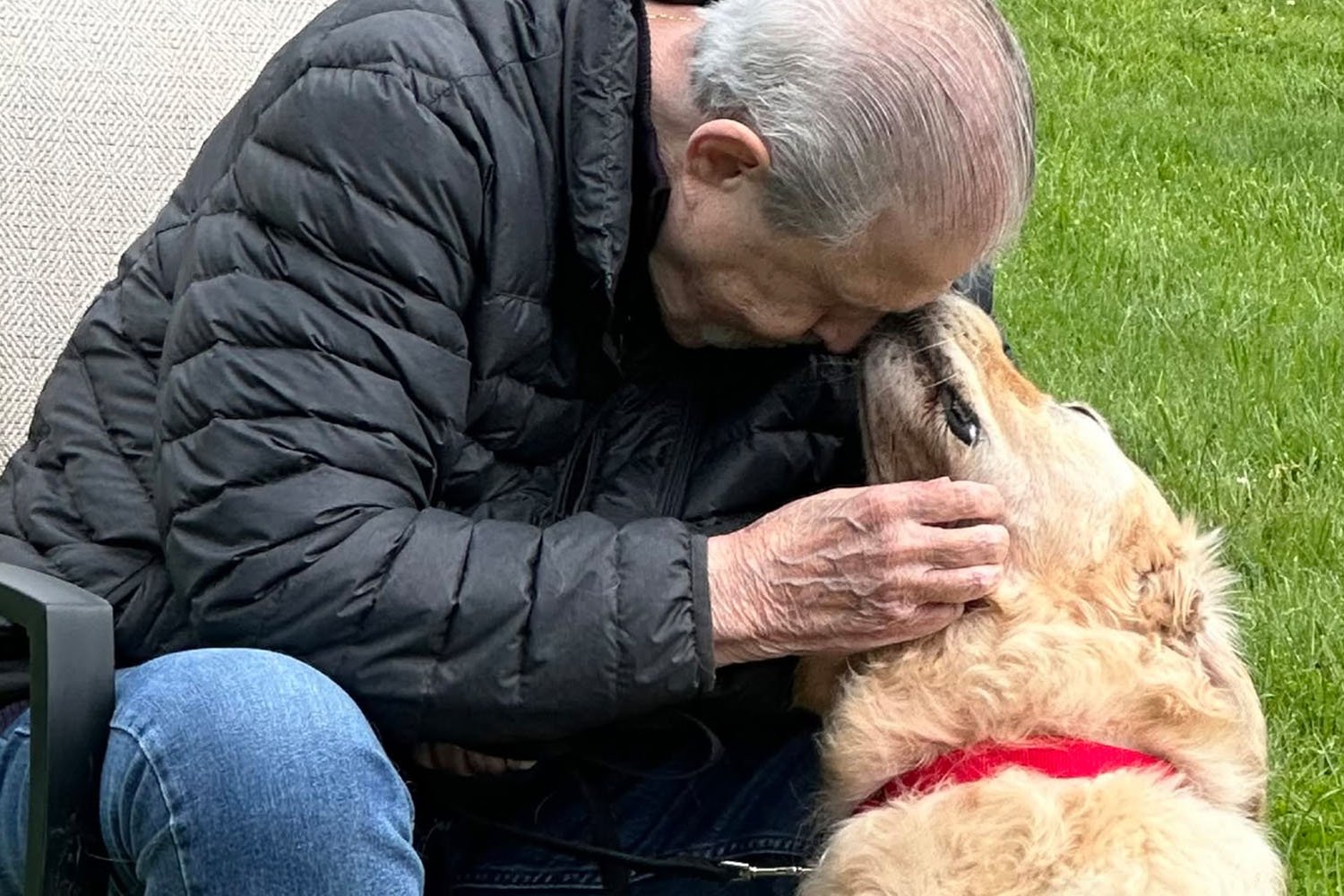 A veteran receives comfort from his service dog
