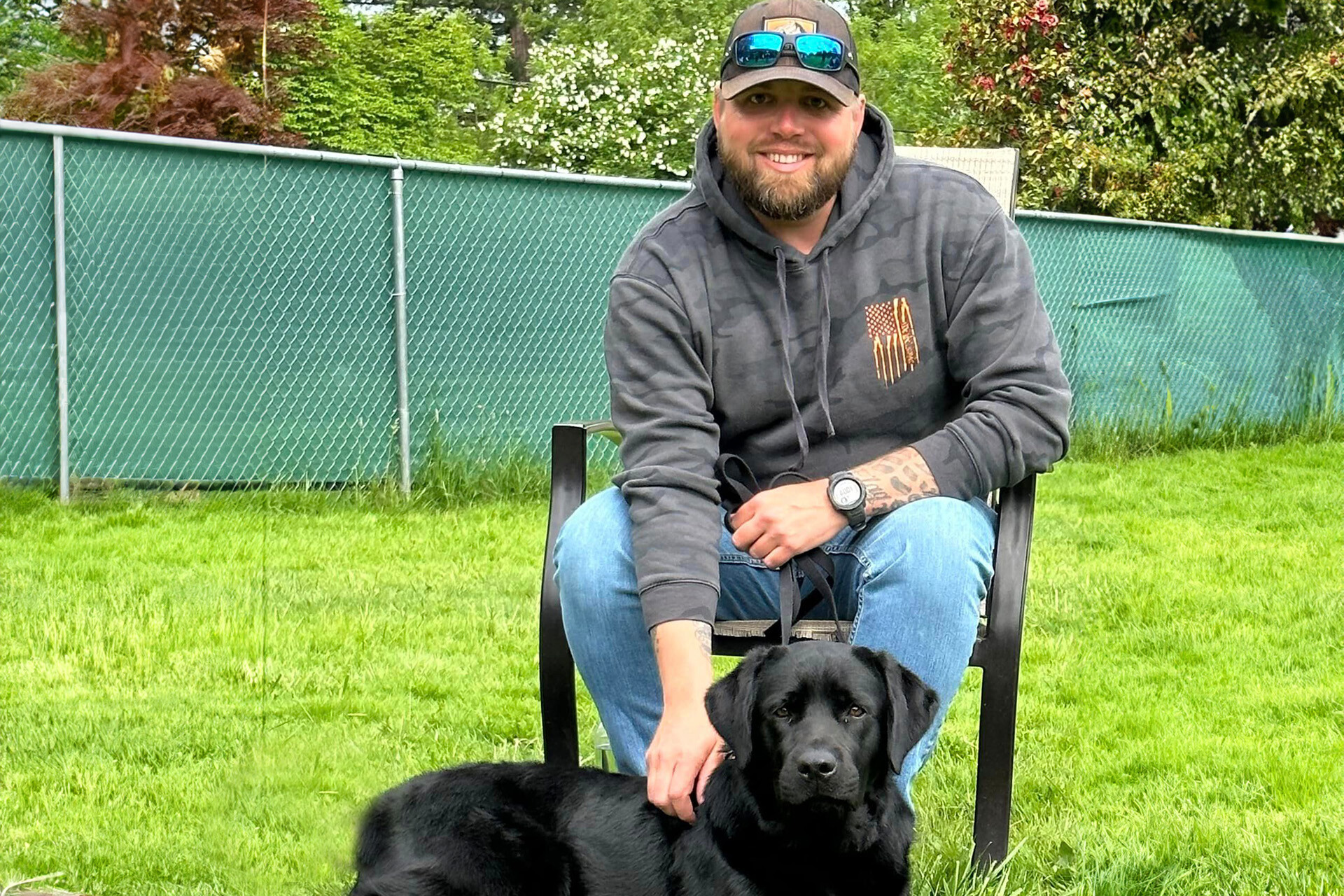 Photo of Veteran Nick and his PTSD service dog, Jazz